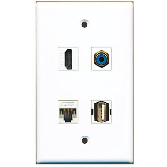 RiteAV - 1 Port HDMI 1 Port RCA Blue 1 Port USB A-A 1 Port Cat5e Ethernet White Wall Plate