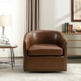 thumbnail image 3 of Bonzy Home 360° Swivel Accent Chair with Throw Pillow, Mid Century Faux Leather Modern Armchair, Swivel Barrel Chair for Living Room Bedroom, Brown, 3 of 10