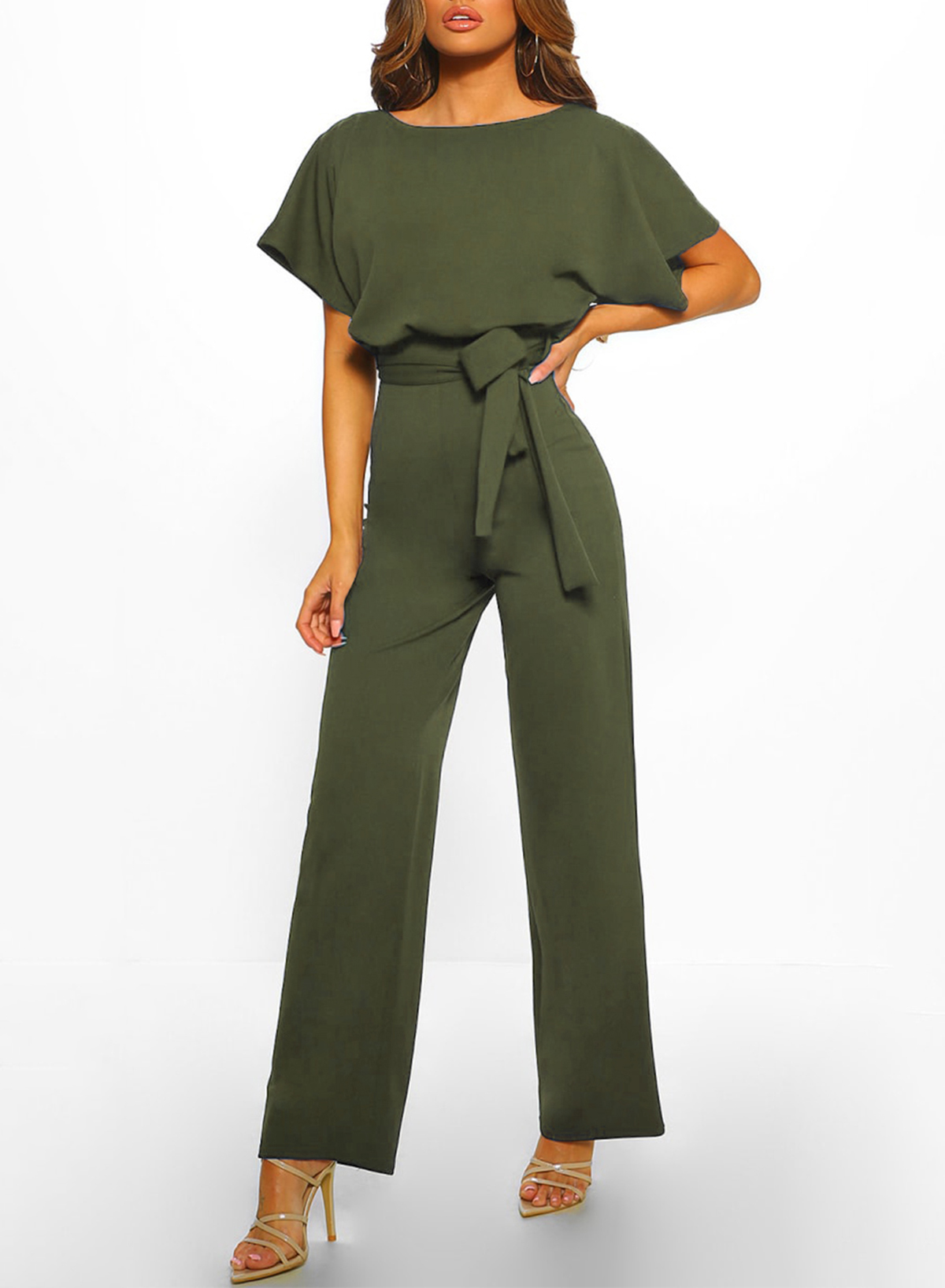 EVALESS Womens Summer Fashion Belted Solid Color Rompers Wide Leg Pant  Casual Loose Short Sleeve Green Jumpsuits Size X-Large US 16-18 -  Walmart.com