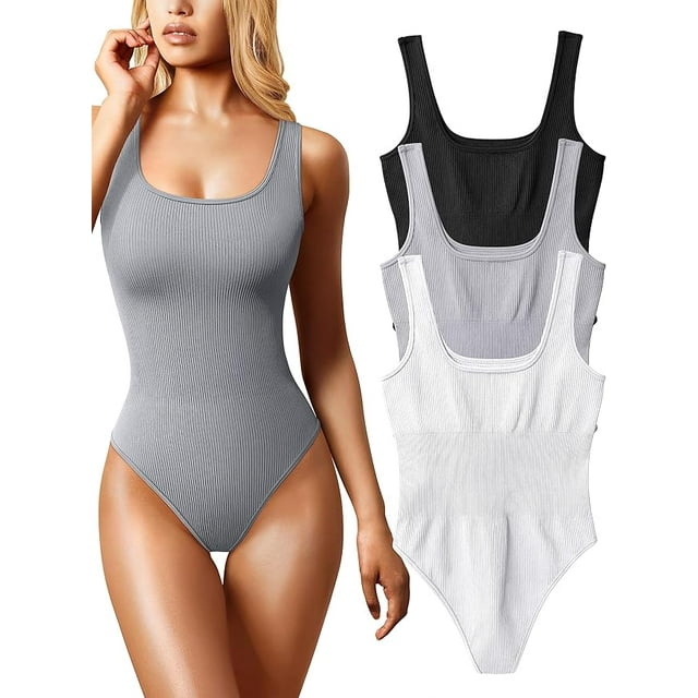 Justaucorps 3 Pcs pour Femmes Aguichant Côtelé Sans Manches à Encolure Carrée Débardeurs Sans Manches Justaucorps