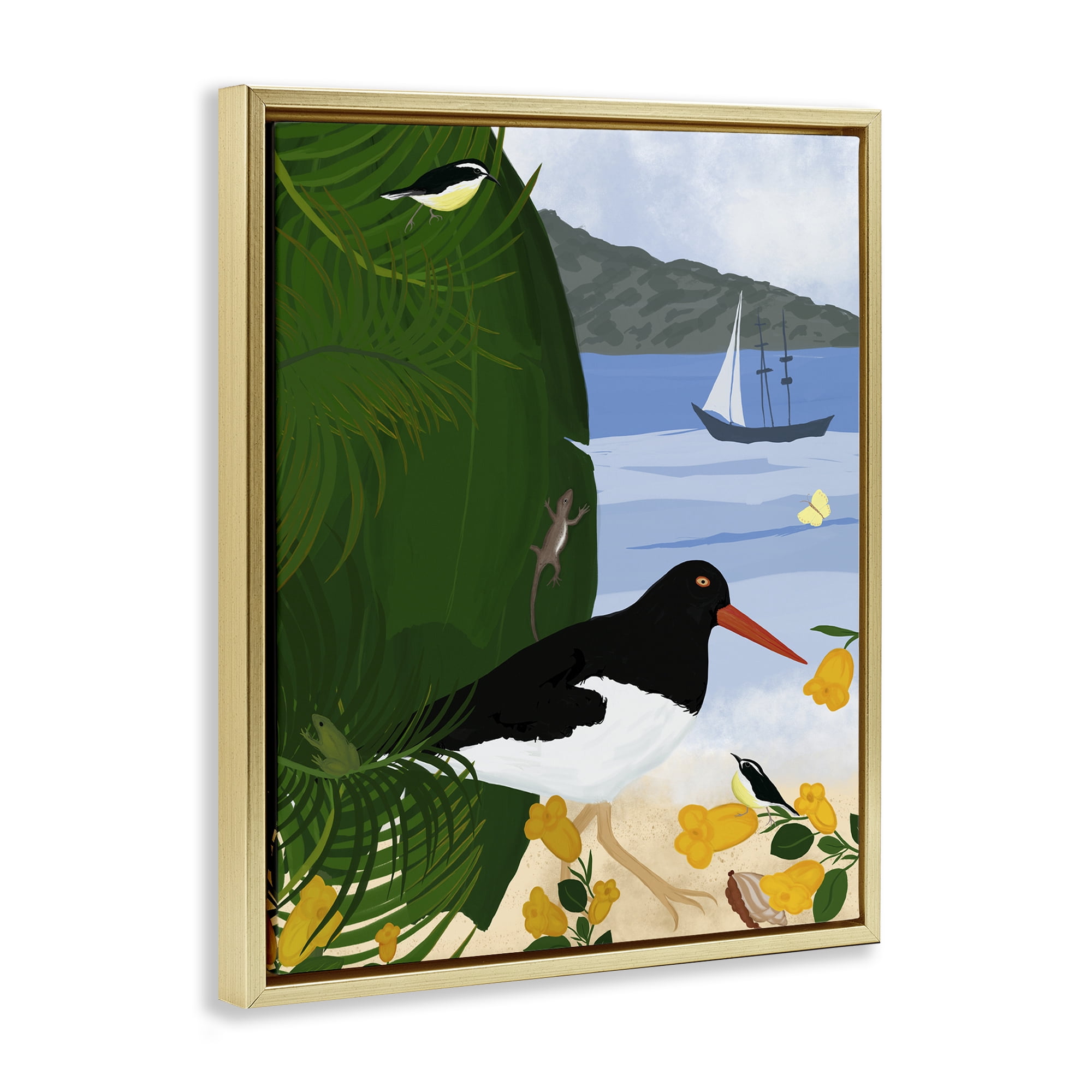 Stupell Industries Island Life by Beach Landscape & Nature Painting Gold Floater Framed Canvas Art Print Wall Art, 17 x 21