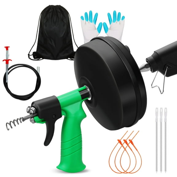 50FT Drain Snake Auger [1/4inch] Manual or Drill Powered AUTO FEED- Flexible & Powerful 50 Feet Plumbing Snake for Kitchen, Shower & All Drains- Snake Drain Hair Remover Tool with Gloves, Storage Bag