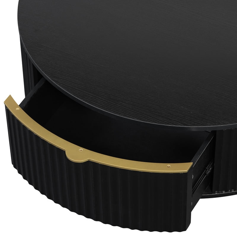Farmhouse 35.4'' Round Wood Coffee Table with 2 Storage Drawers, Fluted Design Accent Cocktail Center Table