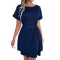 thumbnail image 2 of Robe Décontractée Grande Taille pour Femmes à Manches Courtes avec Ceinture Nœud Col Rond Fluide Confortable pour Fête Vacances Printemps Automne Usage Quotidien, 2 of 6