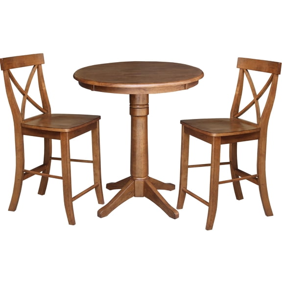 International Concepts 3-Piece Solid Wood Counter Height Dining Set with 30" Round Pedestal Table and 2 Cross-Back Stools, Distressed Oak