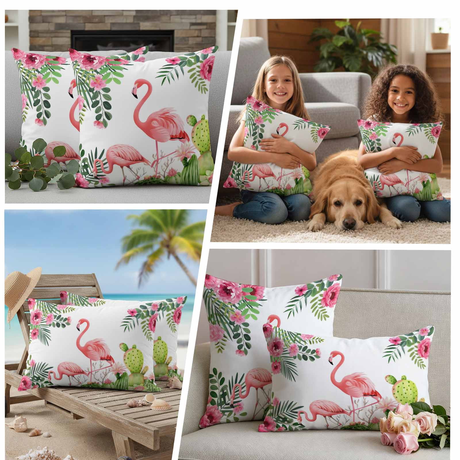 Outdoor Waterproof Throw Pillow Covers Set of 2 Pink Floral Flamingos Decorative Pillowcases Square Outdoor Pillows Cushion Case 16x16 Inch Summer Tropical Cactus Patio Pillows for Couch Sofa Bed