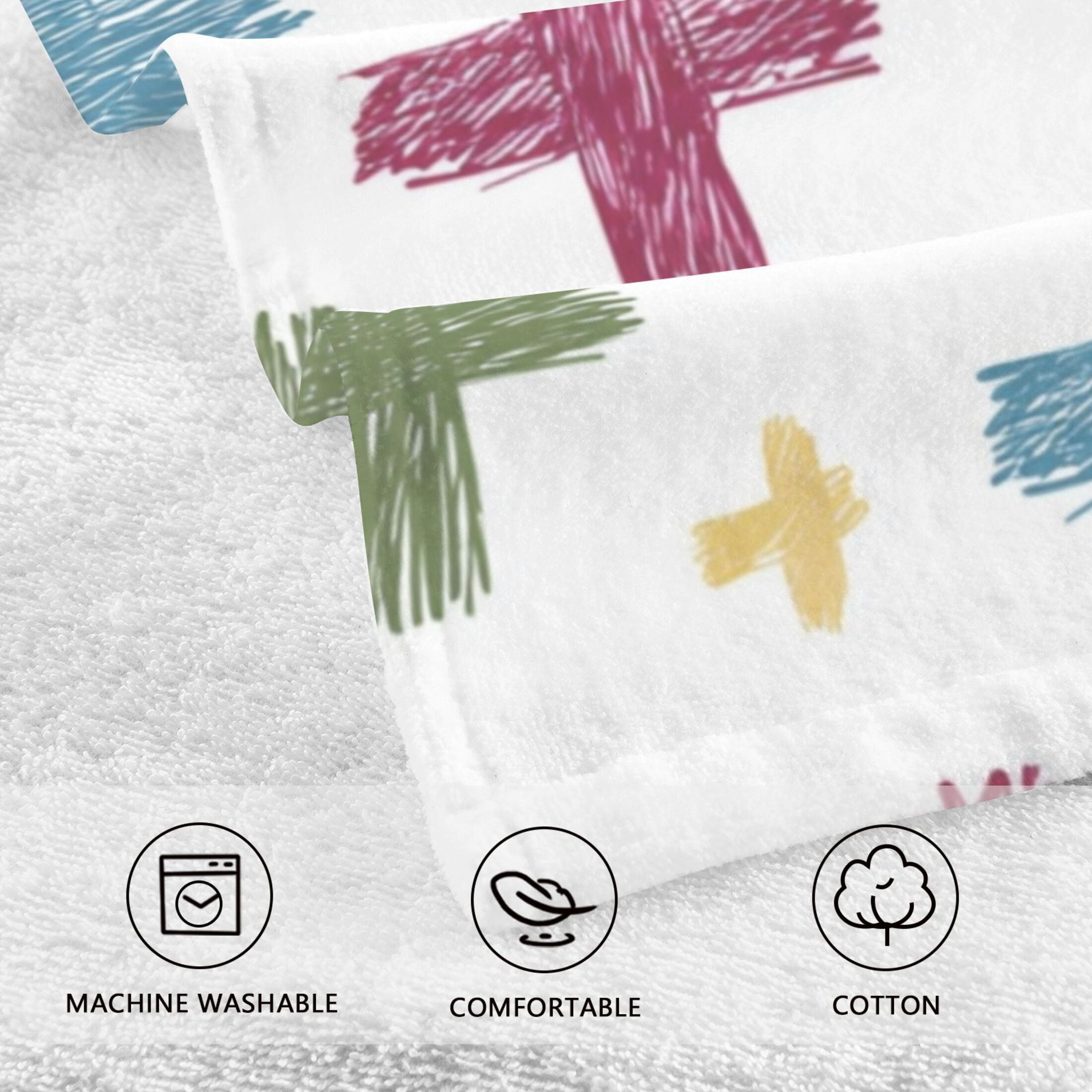 2-Pack Soft 100% Cotton & Highly Absorbent Bath Towel 2 Defferent Pattern Designs Colorful Hand-drawn Crosses Brown Beige