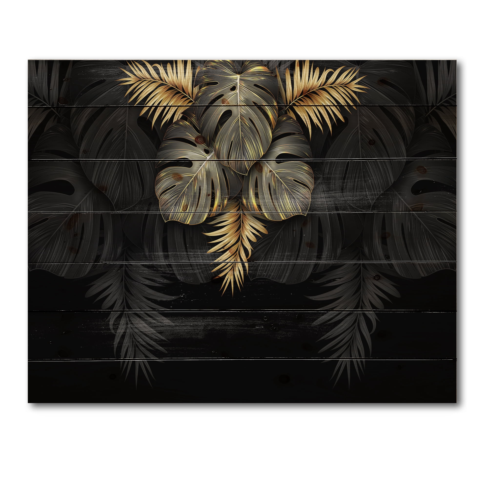 Designart 'Gold and Black Tropical Leaves IV' Modern Print on Natural Pine Wood