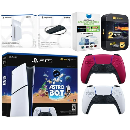 Sony PlayStation 5 Astro Bot Slim Digital Bundle with Disc Drive, Extra Controller, Vertical Stand, MightySkins Game Collection Services and 2 Year Extended Warranty - Cosmic Red