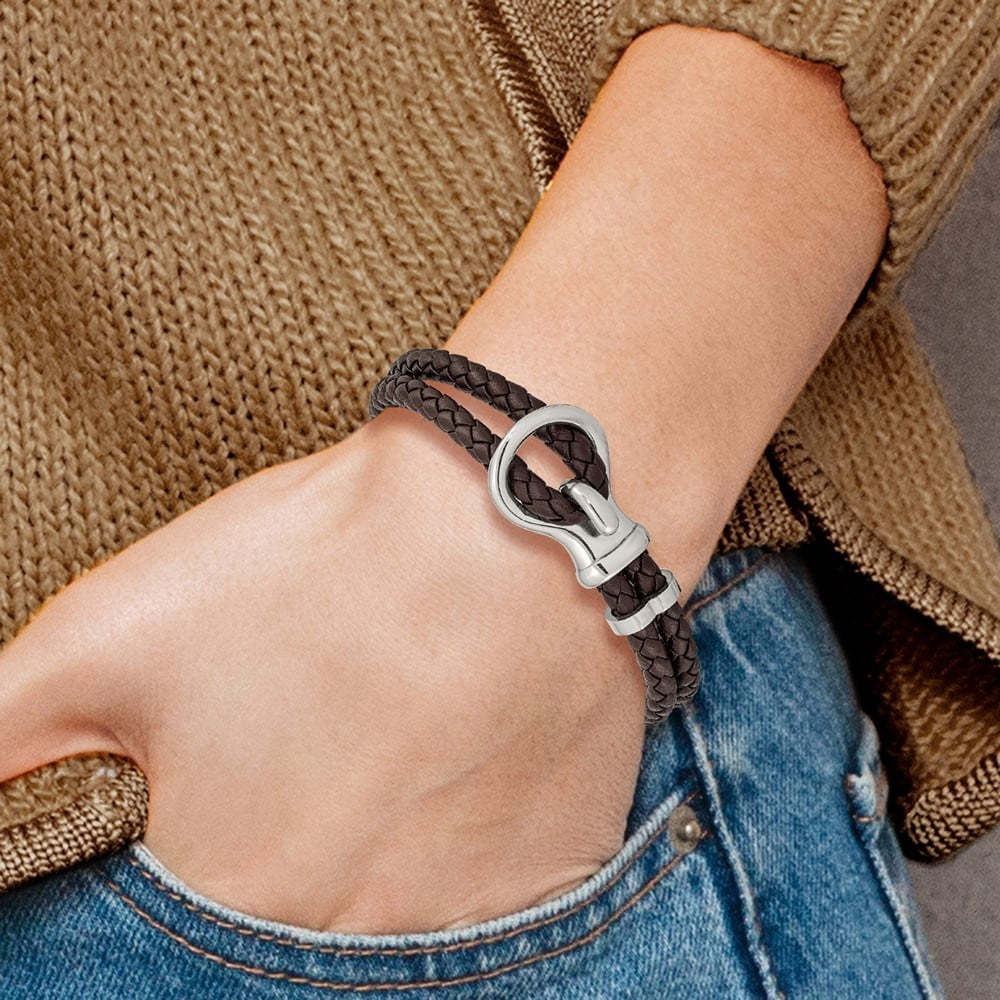 Diamond2Deal Stainless Steel Polished Brown Braided Leather Bracelet for Men 8"