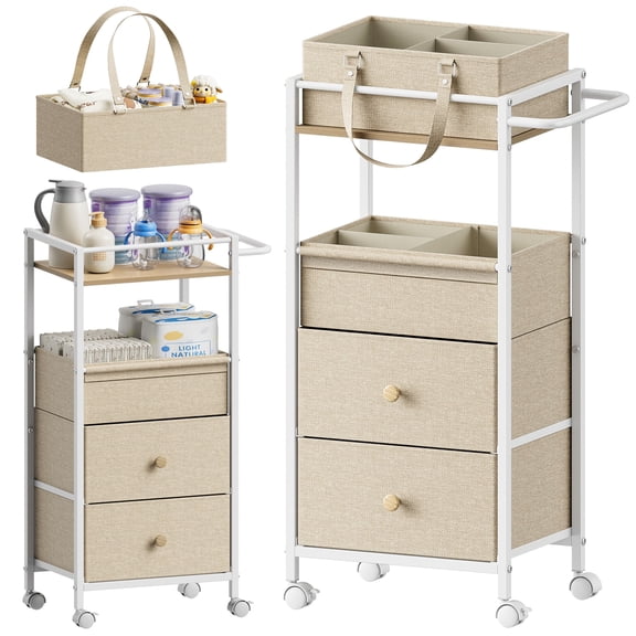 Baby Diaper Storage Cart — 3-in-1 Mobile Cart (with Wheels) Featuring Detachable Storage Basket and Adjustable Dividers — Versatile Storage Solution (Off-White)