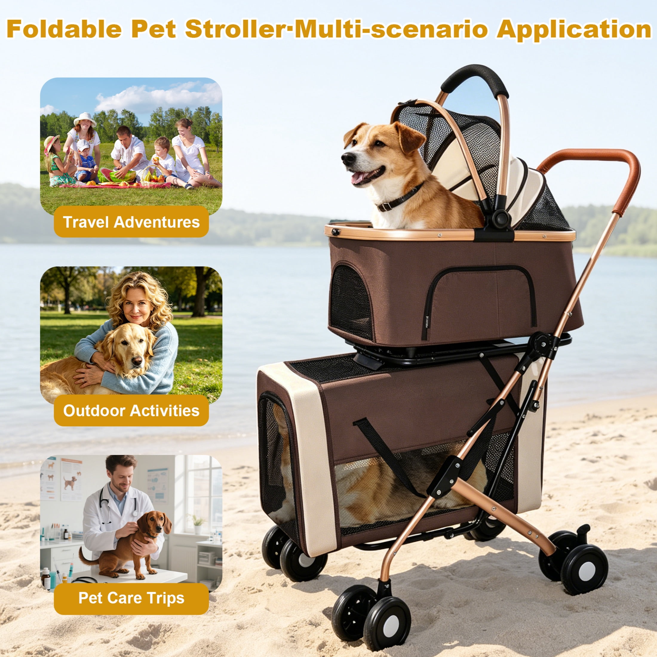 Noble House 3-in-1 Double Pet Stroller for Dogs & Cats with Detachable Carriers, Foldable Frame, Khaki