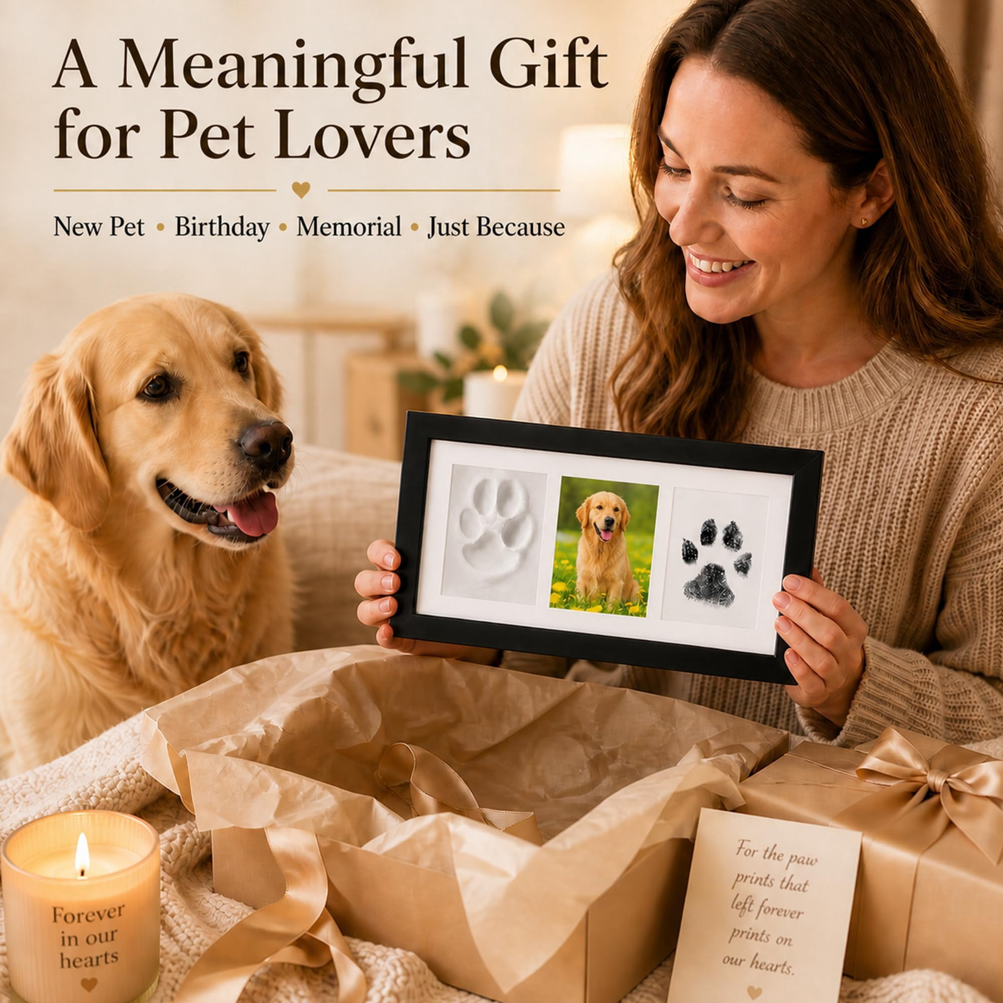 Dog Paw Print Frame Kit, Non-Toxic Clay & No Mess Ink Pad Pet Memorial DIY Gift (Black)