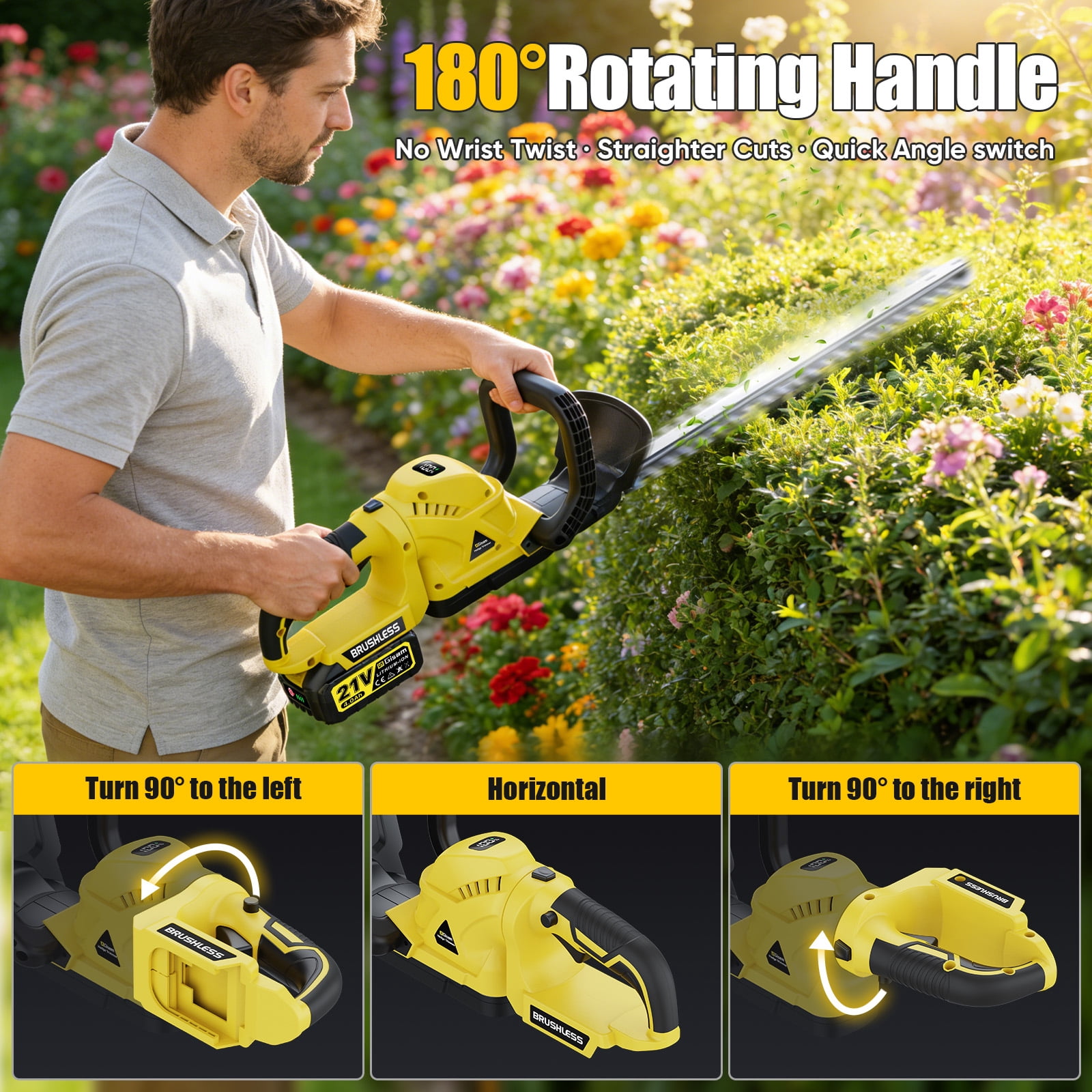 Gisam Cordless Rotary Hedge Trimmer, 21" Dual-Action Blade Electric Handheld Shrub Trimmer, with 2 x 4.0Ah Battery and Fast Charger