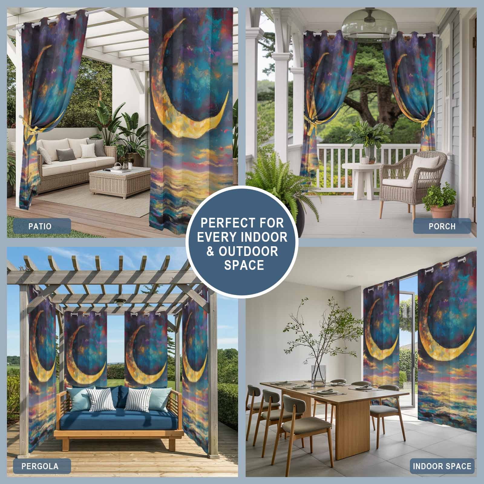 Crescent Moon Outdoor Curtains for Patio, Dreamy Gold Dark Purple Night Ocean Sunshade Privacy Drapes Grommet Waterproof Outside Curtains for Porch/Cabana/Balcony 54"x 108", 1 Panel