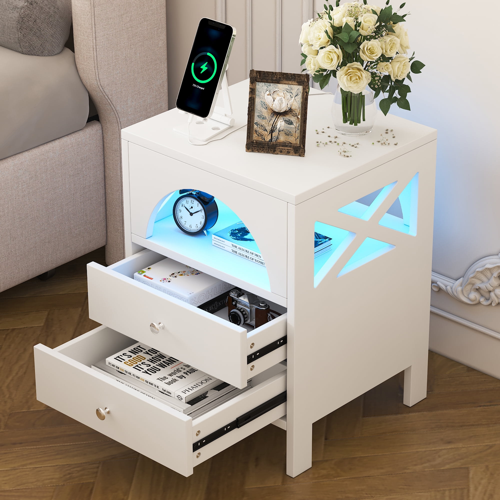 Modern High Gloss Nightstand with 2 Drawers, Bedside Table with 16 RGB