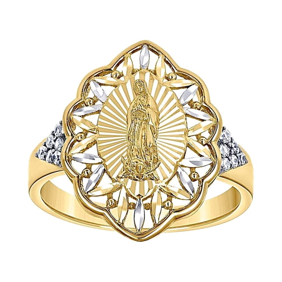 14k Two-tone Gold Womens Cubic Zirconia Guadalupe Religious Ring 18.4x2.7mm Wide Ring for Women