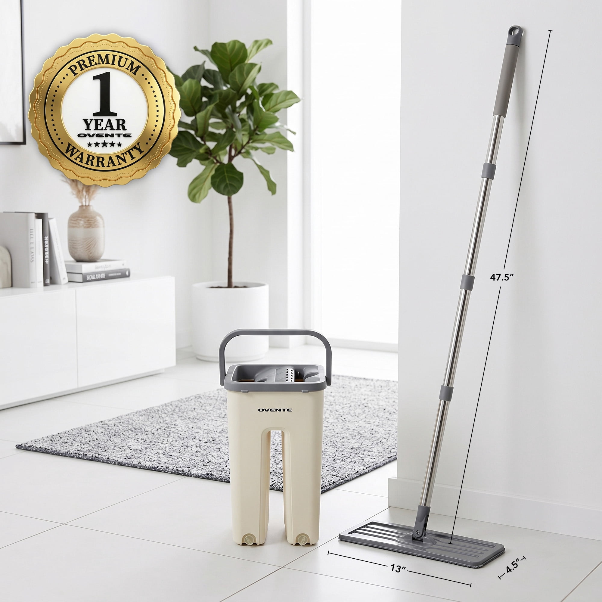 OVENTE Mop and Bucket Wringer Set, Washable Microfiber Pad, Beige MBP32BGG | 360° Rotating Head, Hands-Free Self-Cleaning Flat Floor Mop, Home Cleaner for Smooth Wall, Hardwood, Tile, Glass & More
