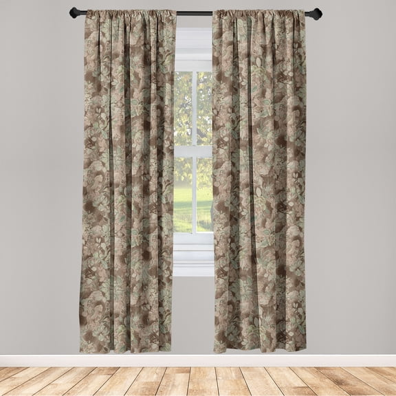 Floral Design Window Curtains, Muted Composition of Leaves Greenery with Blooming Neutral Flowers, Lightweight Decor 2-Panel Set with Rod Pocket, Pair of - 28"x63", Laurel Green Umber, by Ambesonne