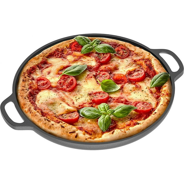Chef Pomodoro Poêle à Pizza en Fonte Poêle Ronde de 12 Pouces avec Poignées, Moule à Cuisson Pré-Assaisonné