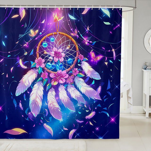 Erosebridal Rideau de Douche Attrape-Rêves 72x84, Rideau de Bain Fleur de Rêve, Décor de Plumes Colorées