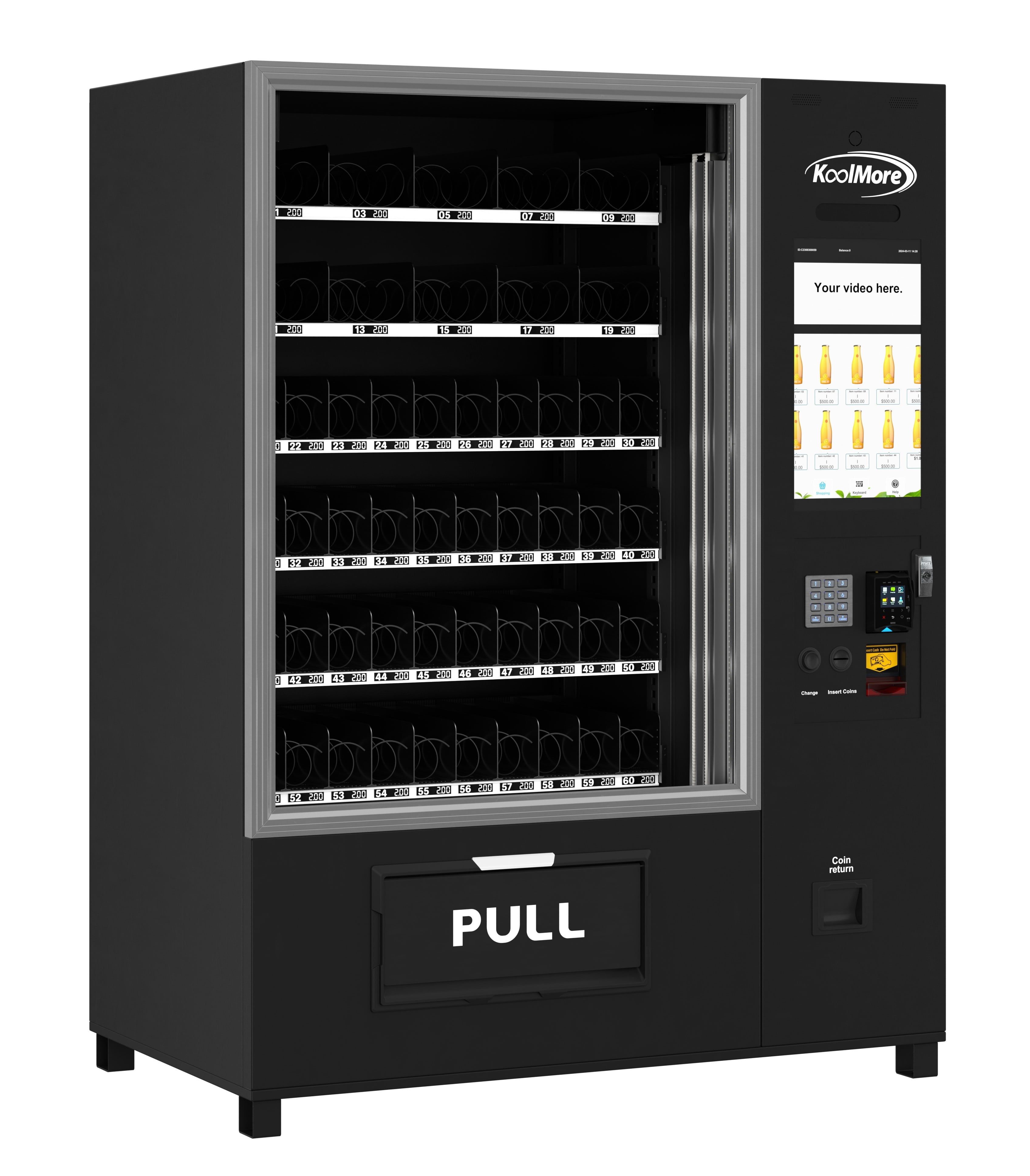 Refrigerated Snack Vending Machine In Black With 66 Slots and 21.5 Inch Touch Display Featuring Elevator-Lift Dispensing System,Bill Acceptor, Credit Card Reader, Wifi and 4G Connectivity