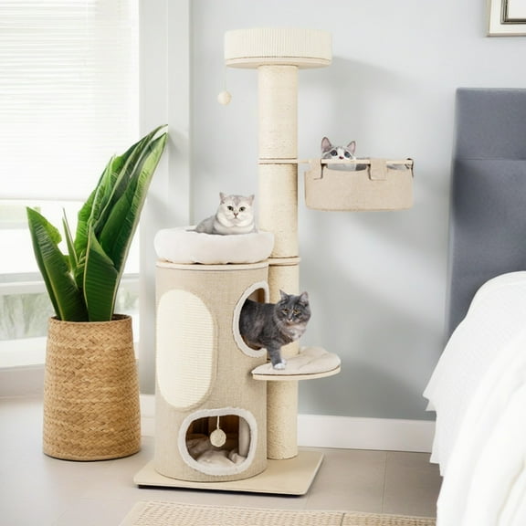 Pefilos 61" Cat Tree with Scratching Post, Cat Tower with with 2 Stoery Cat Condo and Top Perch, Multi-Platform Cat Tree House, Beige