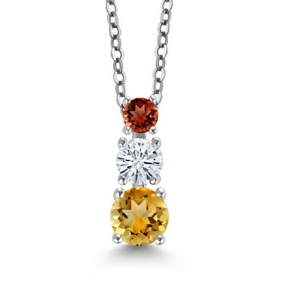 Gem Stone King Yellow Citrine White Moissanite Red Garnet 3 Stone Pendant Necklace for Women (1.11 cttw, Gemstone Birthstone, Round 5MM, 4MM and 3MM, with 18 inch Chain)
