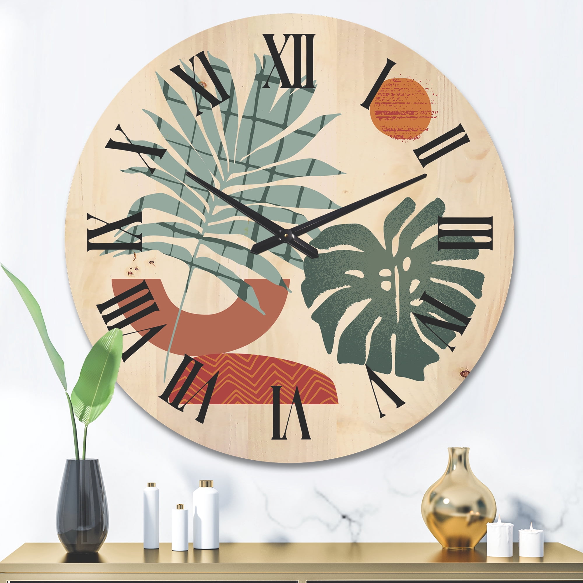 Designart 'Sun and Moon Shapes In Retro Green & Terracotta Tone' Modern Wood Wall Clock