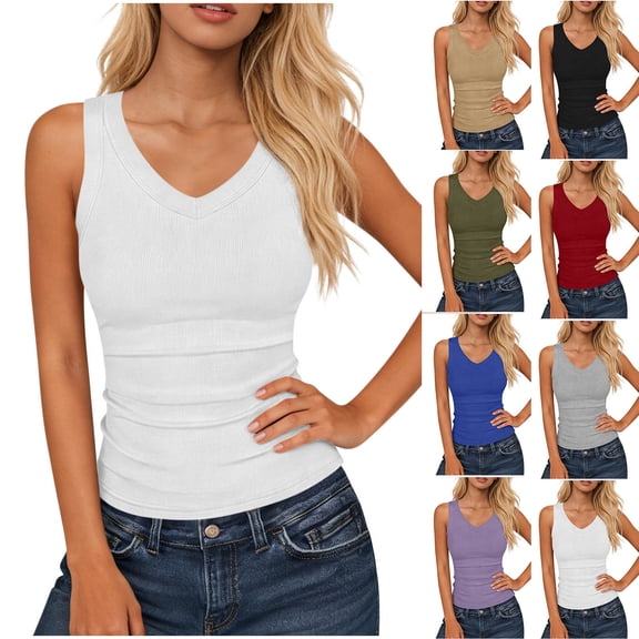Jalioing Women's Tank Tops Casual Basic Slim V Neck Sleeveless Ribbed Knit Tanks Summer Trendy Going Out Tops Outfits