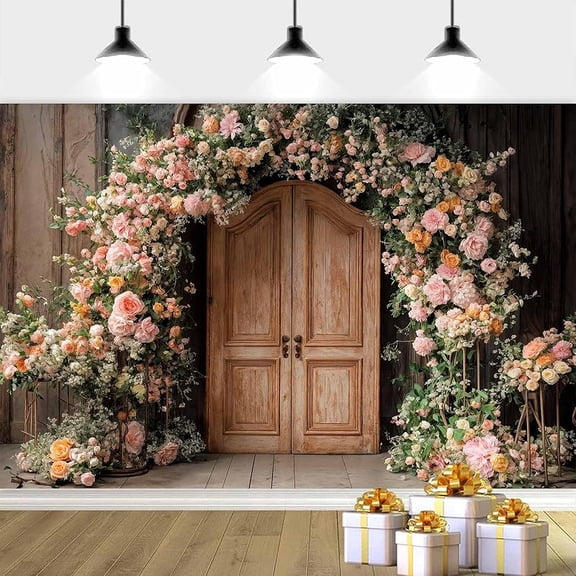 Floral Arch Wedding Backdrop Rustic Wooden Barn Door Bridal Shower Photography Background Blooming Flower Vintage Farmhouse Wedding Party Decorations Banner Supplies Photo Booth Props