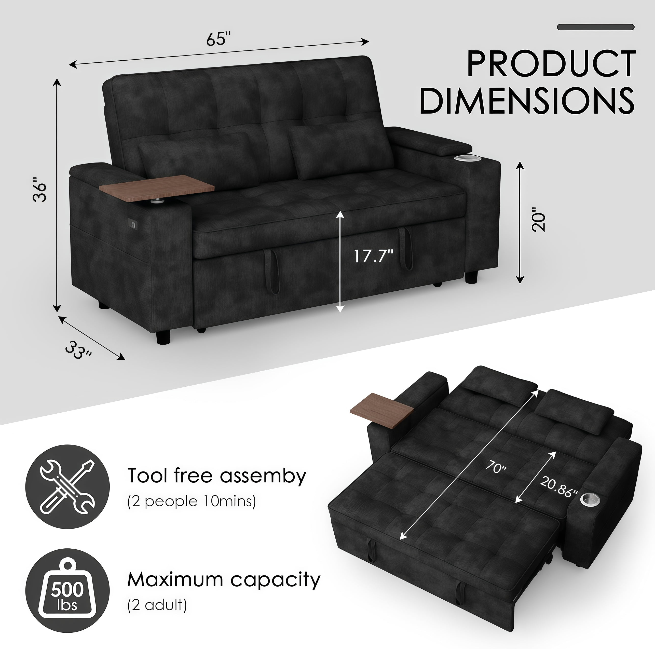 ShiKeyi 65" 3-in-1 Convertible Sofa Bed, Pull Out Loveseat with Chenille Fabric/Hidden storage space/Cup holder, Sleeper Sofa Bed for Living Room, Black