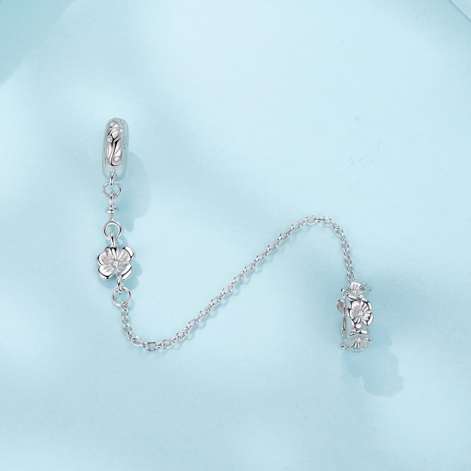 Floral Safety Chain Charm  , Genuine 925 Sterling Silver, Compatible with Most Charm Bracelet