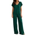 thumbnail image 2 of BRELIL Women's Two Piece Lounge Set V Neck Short Sleeve Tee Wide Leg Pants Casual Matching Outfits Solid Basic Tracksuit for Travel Fall Vacation, Army Green XL, 2 of 6