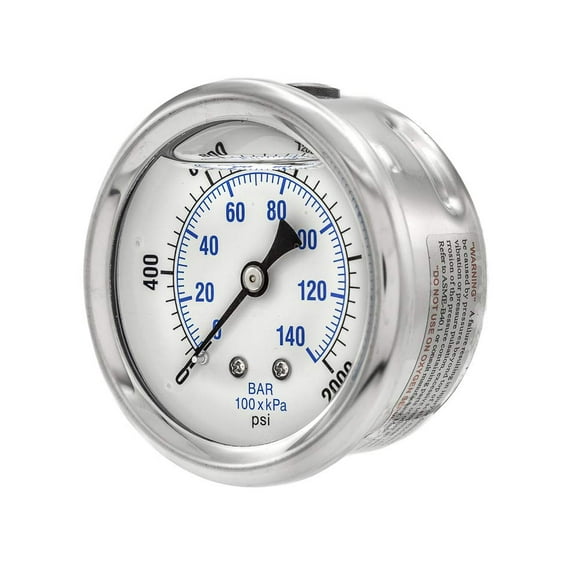 PIC Gauges PRO-202L-254O Center Back Mount Glycerin Filled Industrial Pressure Gauge w/ SS Case, Brass Internals, Plastic Lens, 2.5" Dial, 0/2000 psi Range, 1/4" Male NPT
