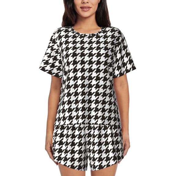 Picia Houndstooth Black And White Pajamas Sets for Women Soft Short-Sleeved Pjs with Lounge Shorts Two Piece Sleepwear-Small