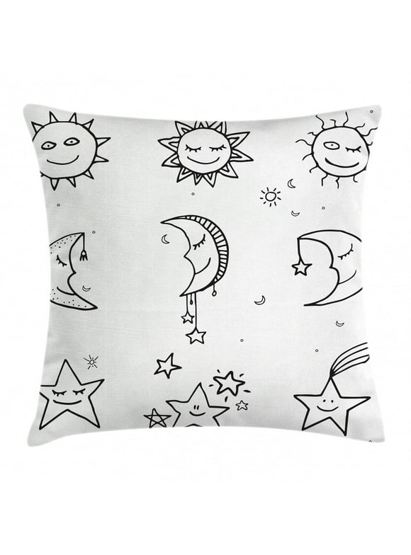 Sketchy Throw Pillow Cushion Cover, Hand Drawn Image of Sun Moon Stars Emoji Kids Nursery Room Art Print Image, Decorative Square Accent Pillow Case, 16 X 16 Inches, Black and White, by Ambesonne