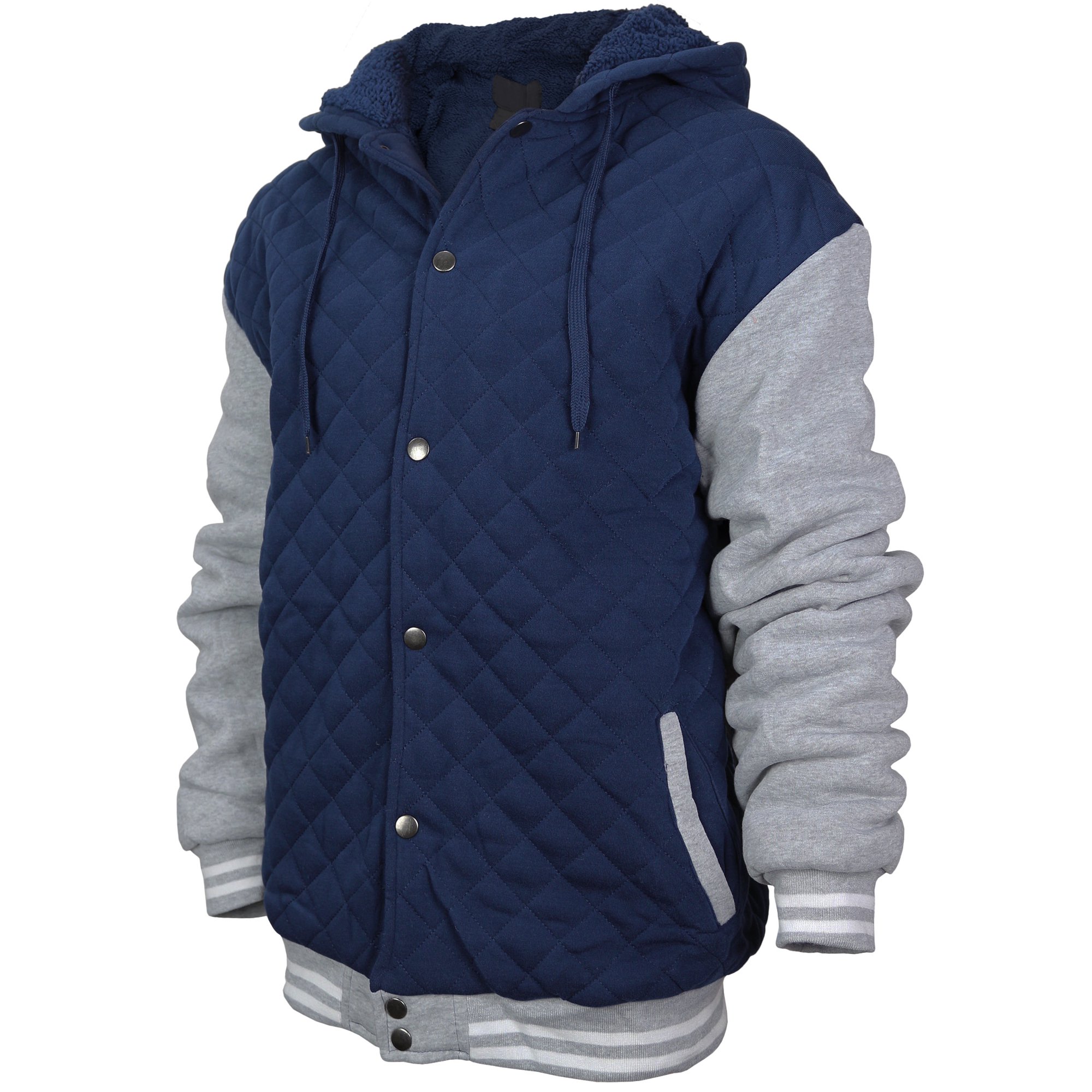 Men's Heavyweight Quilted Snap Button Sherpa Lined Varsity Jacket Hoodie  (XL, Navy Grey) - Walmart.com