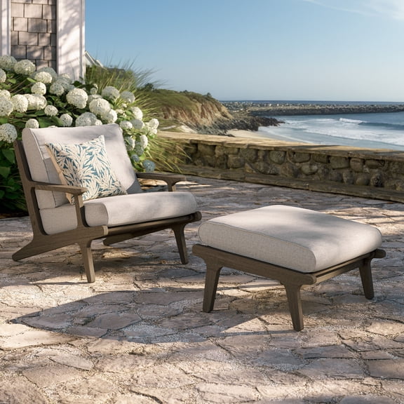 Saratoga Outdoor Teak Wood Chair and Ottoman Set in Weathered Gray Pebble