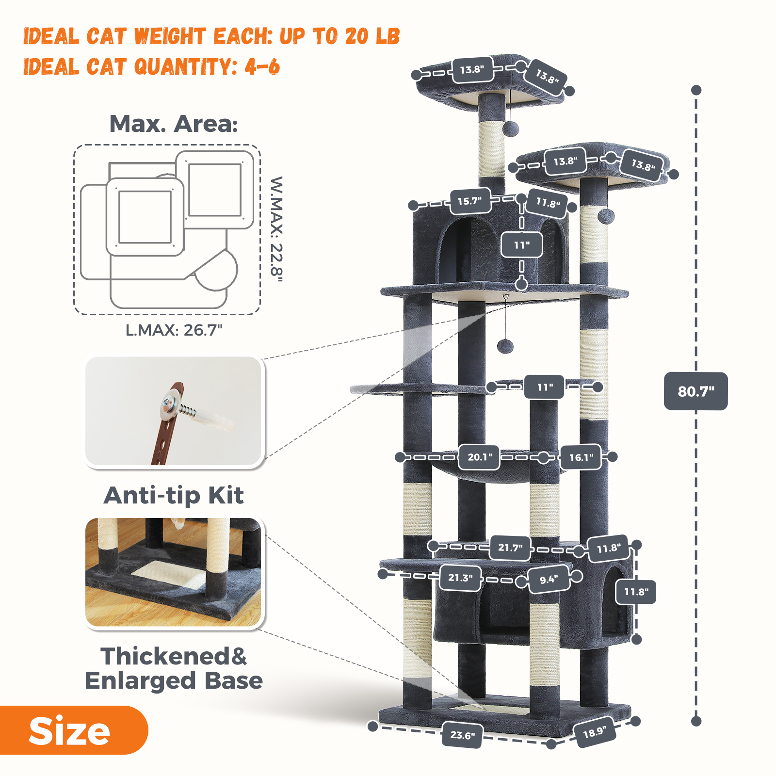 PEQULTI 81"Extra Large Cat Tree for Indoor Cat Tall Cat Tower with 7 scracthing posts Dark Gray