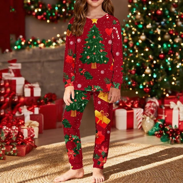 Conjuntos de blusas y camisas de cuello redondo y manga larga con estampado navideño para niños Camisa de manga larga con cuello redondo y cintura elástica Pantalones largos Conjunto de traje de casa