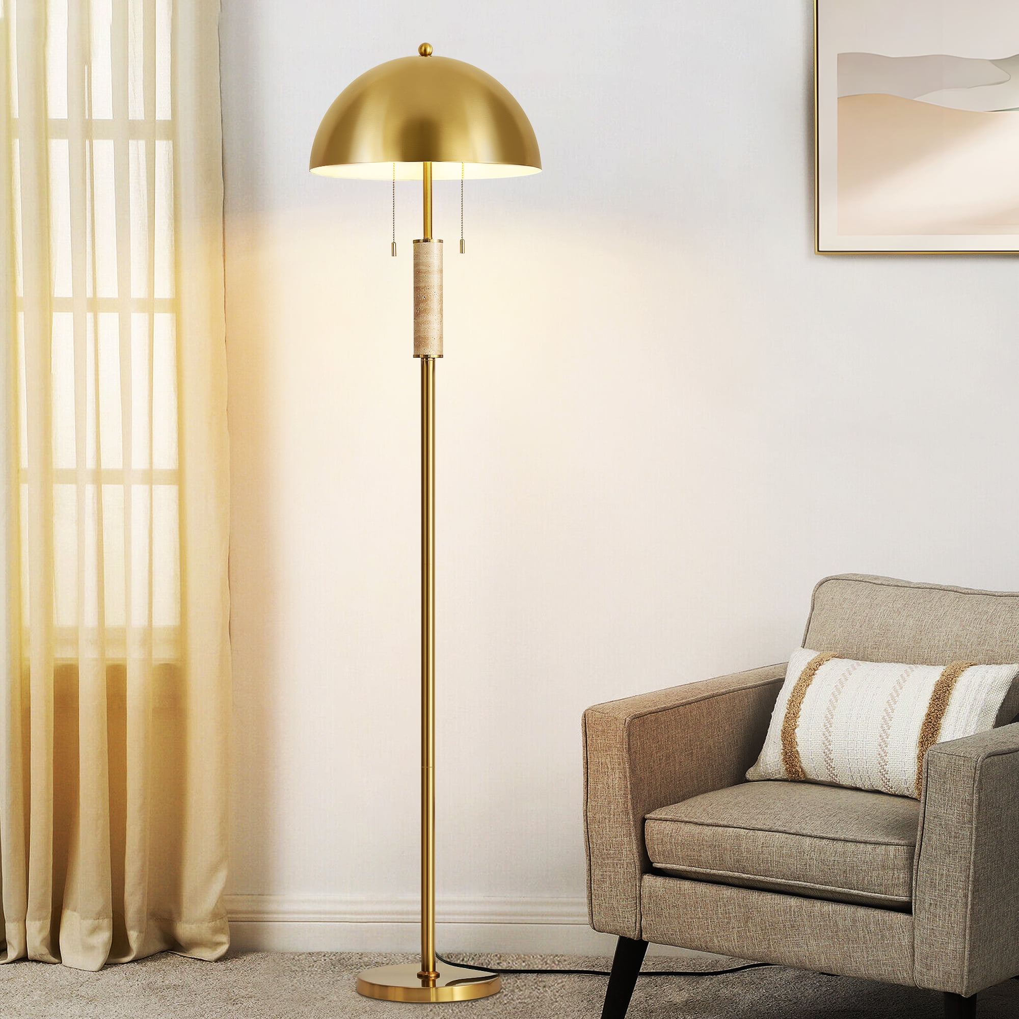 Modern Gold Metal Floor Lamp with Metal Dome LightShade, Pull-Chain Switch, Soft Ambient Light for Living Room Bedroom.
