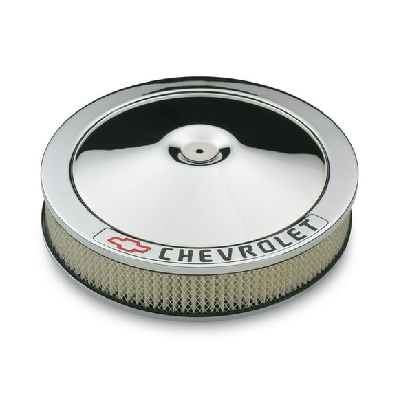 Proform Pièces Ensemble de Purificateur d'Air 141-906 Carburateur 4 Barils; Bride 5.125 Pouces; Diamètre 14 Pouces; Rond; Chrome; Acier; Logo Chevrolet; avec Filtre à Air; avec Maintien