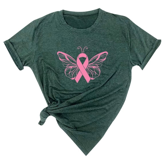 WREESH Breast Cancer Awareness T-Shirts For Women Trendy Pink Ribbon Butterfly Tops Basic Short Sleeve Round Neck Tees Casual Loose Fit Blouses Green