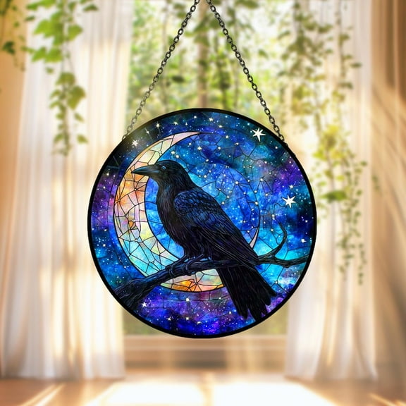 Round Stained Glass Raven and Crescent Moon Suncatcher Window Hanging Decoration, Glass Acrylic Home Decor, Night Sky Gothic Window Art
