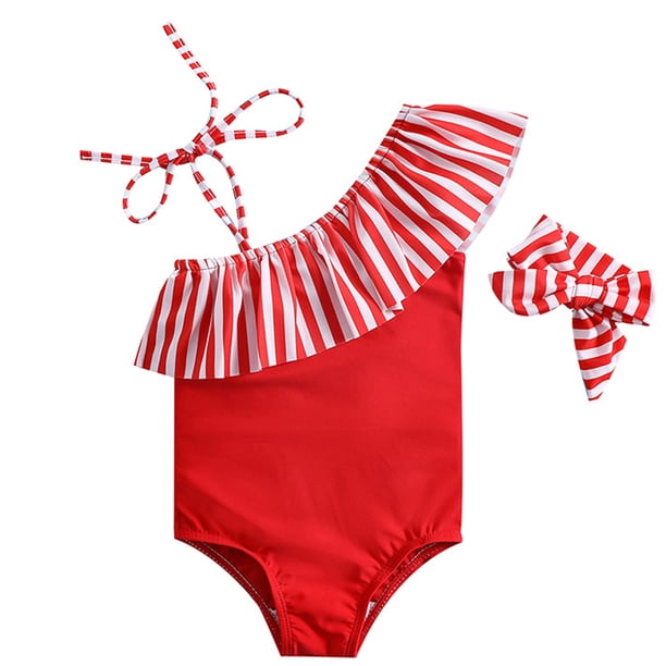 Traje de baño para bebé, traje de baño para niñas pequeñas, traje de baño para niñas con un solo hombro + traje de baño con parte inferior de cintura alta (2 piezas)