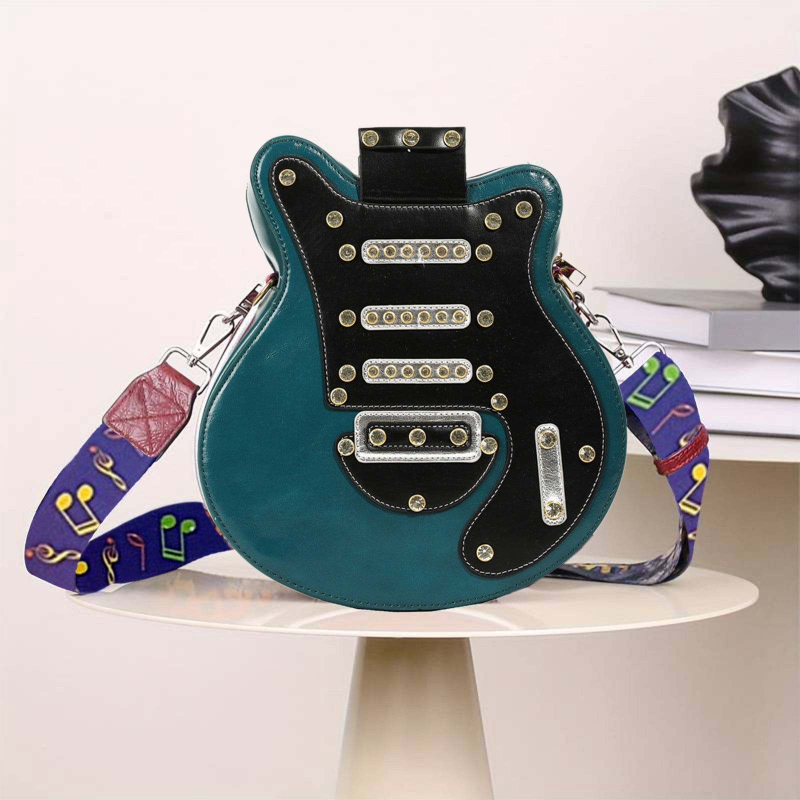 Mauxuk Unique Guitar Shaped Backpack - Stylish PU Leather Sling Bag, Rhinestone Rivets, Adjustable Strap, 12.2x11x3.1in, 1.3lb, Travel & Gifts