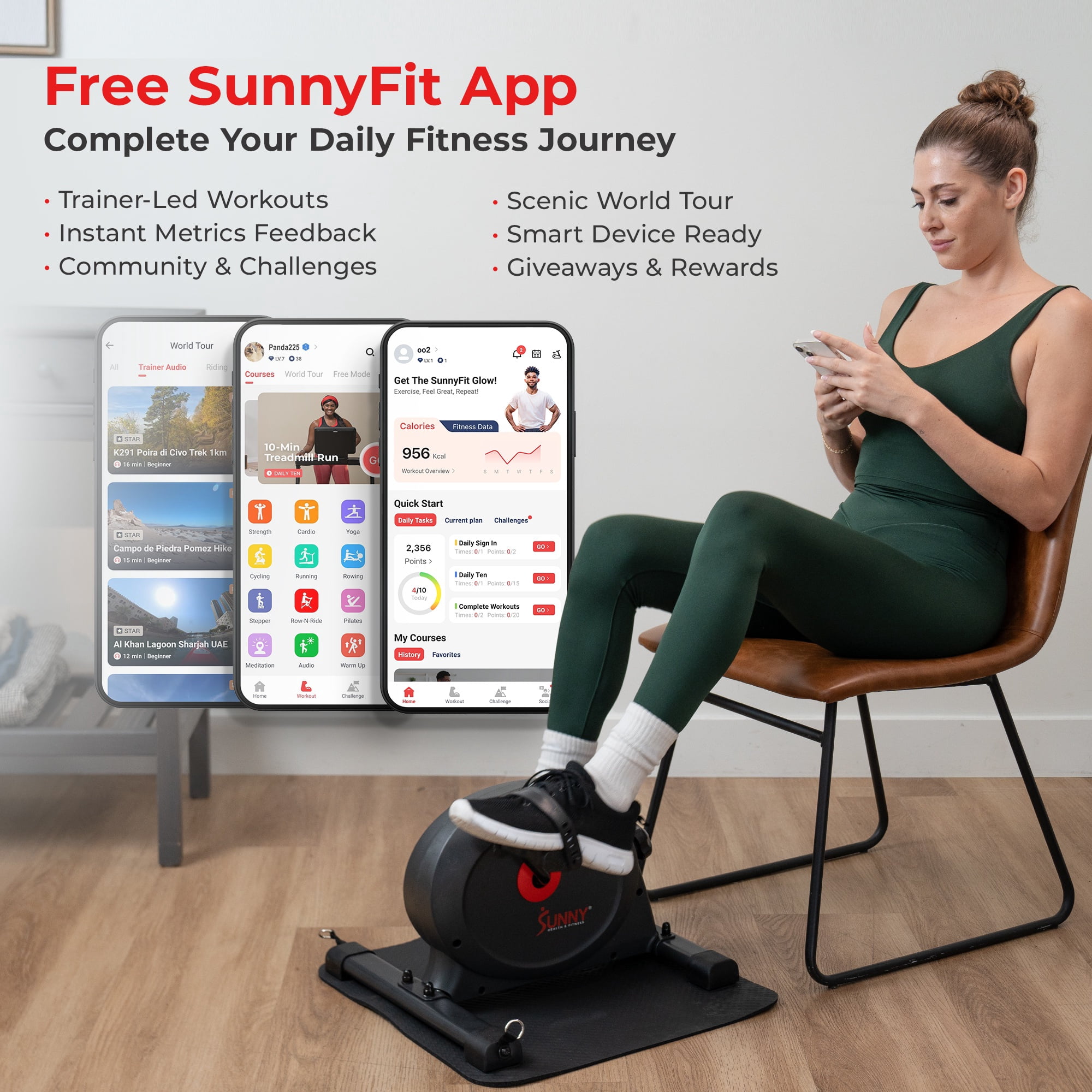 Under Desk Smart Mini Pedal Exerciser, Low Profile Exercise Cycle Bike and Mat/Workout Bands w Free SunnyFit App SF-B0418SMART by Sunny Health & Fitness