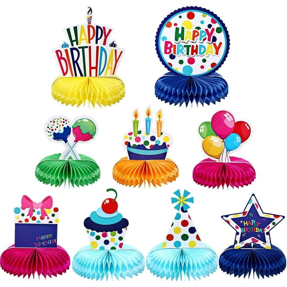 9Pcs Colorful Happy Birthday Decorations Rainbow Honeycomb Balls Centerpieces