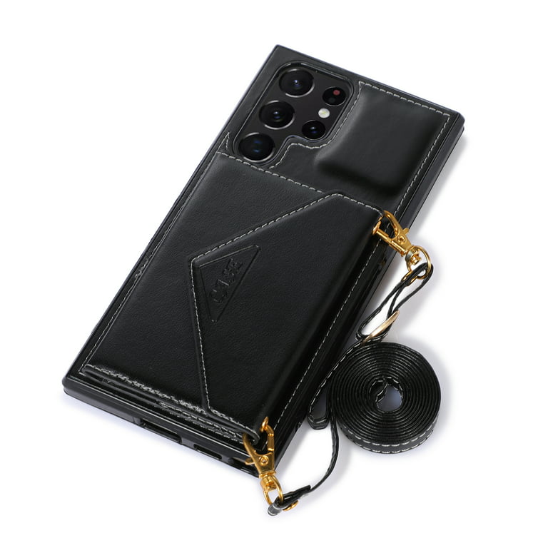 SaniMore for Samsung Galaxy S23 Ultra 6.8 2023 Case with Back Folding Card  Pocket Kickstand Detachable Adjustable Crossbody Shoulder Strap PU Leather